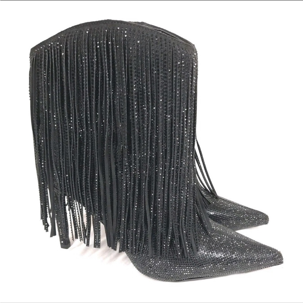 I.N.C. International Concepts Sahoj Western Fringe Booties Black Bling 9.5W